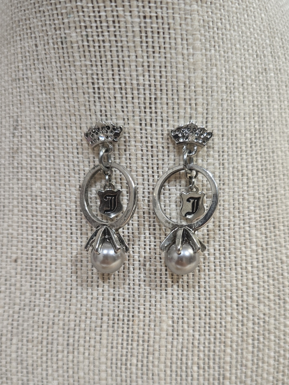 Juicy Couture Silver-Tone Pearl Drop Earrings with 'J' Charm